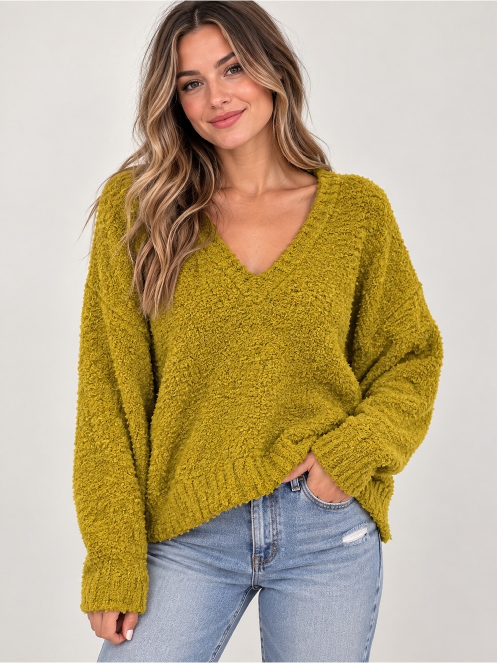 We The Free Olive-Green V-Neck Plush Sweater